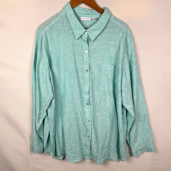Susan Graver Women Linen LongSleeve Tunic Button Up Shirt 2X Breathable Coastal - Picture 1 of 7